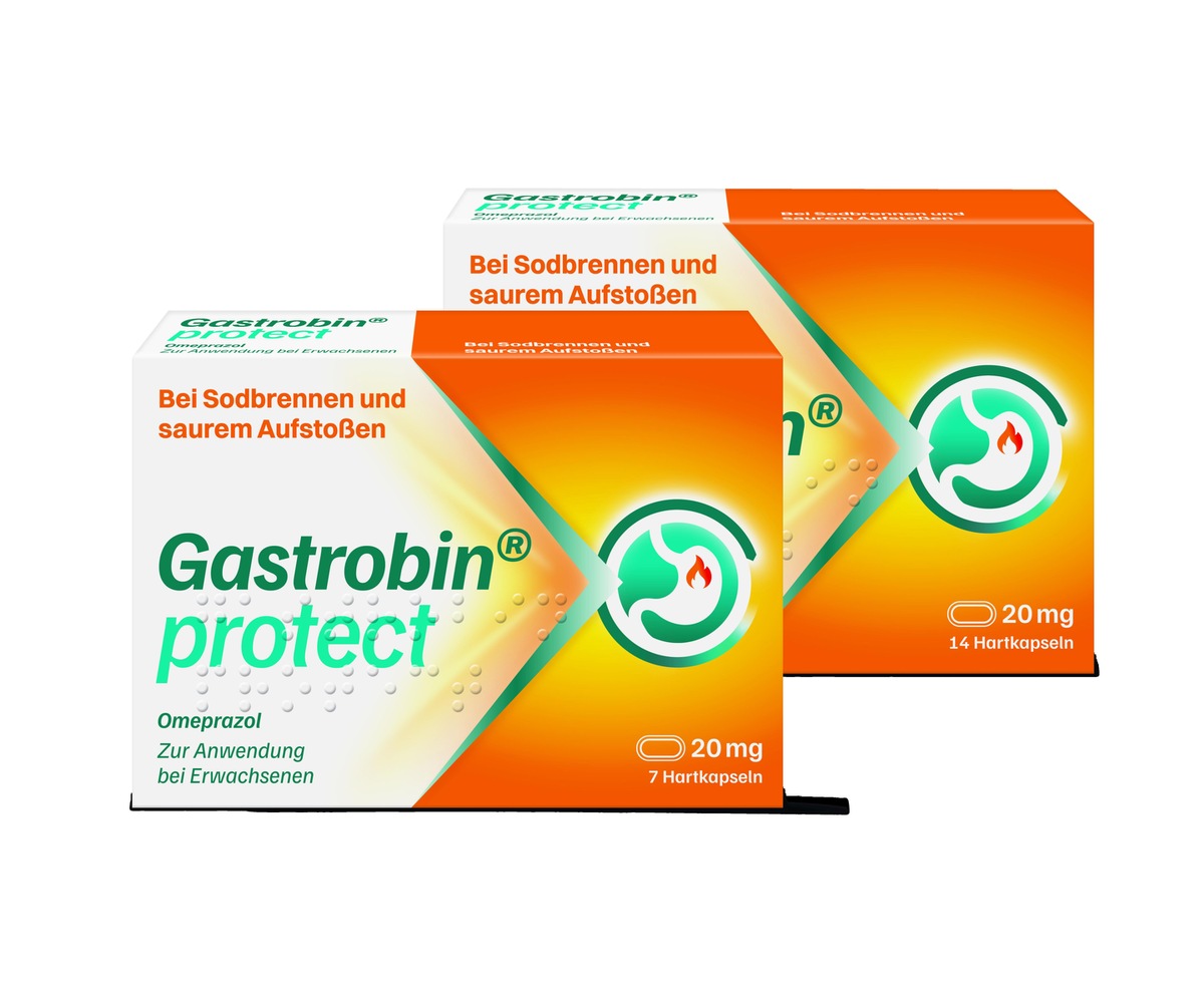Packshot Gastrobin® protect. Zur Behandlung von Refluxsymptomen (z. B. Sodbrennen, saures Aufstoßen) bei Erwachsenen ab 18 Jahren.