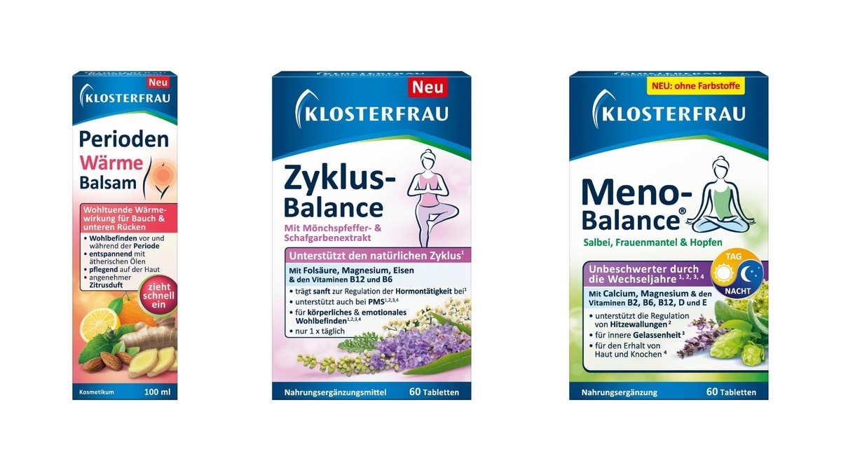 Natürliche Wege für mehr Balance in allen Lebensphasen: Klosterfrau Perioden Wärme Balsam, Klosterfrau Zyklus-Balance und Klosterfrau Meno-Balance® ©MCM Klosterfrau Vertriebsgesellschaft mbH