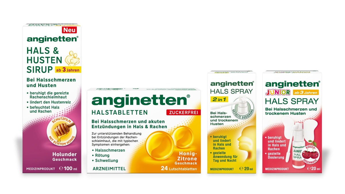 Der anginetten® Hals & Husten Sirup hilft bei Halsschmerzen sowie trockenem Husten (Reizhusten). Die einzigartige Zusammensetzung aus Honig und einer speziell entwickelten mukoadhäsiven (schleimhautanhaftenden) Rezeptur befeuchtet die gereizte Schleimhaut in Hals und Rachen. Für die ganze Familie ab 3 Jahren. anginetten® Halstabletten zuckerfrei bei Halsschmerzen, Rötungen oder Schwellungen in Hals und Rachen, desinfizieren den Mund- und Rachenraum und beruhigen den Hals. Dank ihres angenehm milden Honig-Zitrone-Geschmacks eignen sie sich für Erwachsene sowie Kinder ab 6 Jahren. Das anginetten® Hals Spray 2 in 1 ist ein Medizinprodukt mit einer Honig-Rezeptur zur Beruhigung von Husten und zur Linderung von Halsschmerzsymptomen. Das Halsspray bildet einen Schutzfilm im Rachenraum, der die gereizte Schleimhaut schützt und so den Husten lindert. Es kann von Erwachsenen und Kindern ab 3 Jahren verwendet werden. Das anginetten® Hals Spray junior ist ein Medizinprodukt mit einer Honig-Rezeptur zur Beruhigung von Husten und zur Linderung von Halsschmerzsymptomen. Beruhigt und lindert in Hals und Rachen, gezielte Dosierung, Reizlinderung dank Schutzfilm, Kirsch-Geschmack, für Kinder ab 3 Jahren geeignet. ©MCM Klosterfrau Vertriebsgesellschaft mbH