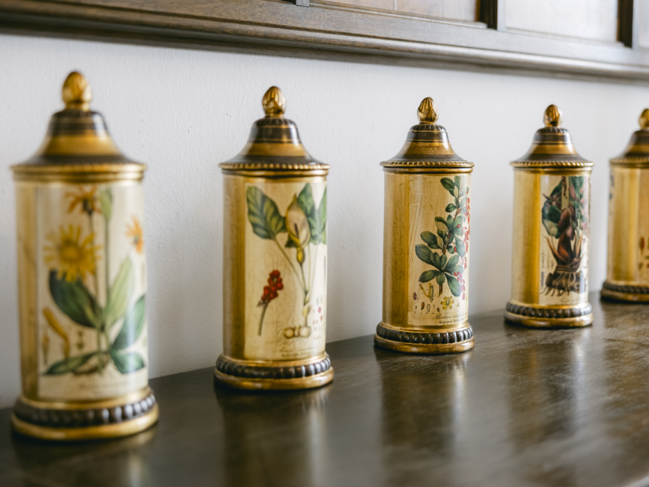 Alte Gefäße mit Heilpflanzenmotiven